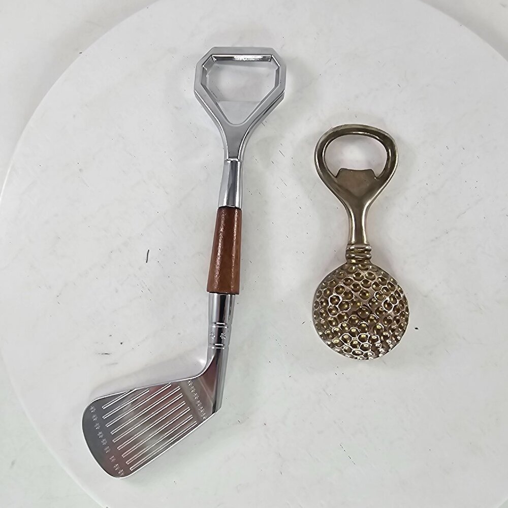 Golf Club & Dimpled Golf Ball Bottle Opener Set Vintage Style Metal